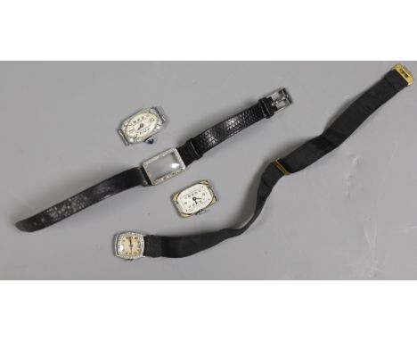 Three assorted mid 20th century white metal and diamond set manual wind cocktail watches, one stamped platinum, (a.f.).
