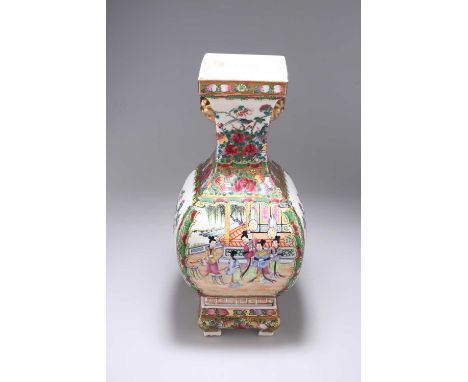 A CANTONESE FAMILLE ROSE VASE ON STAND of square-section baluster form, painted in the characteristic palette with figures, f