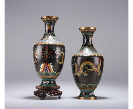 A PAIR OF CHINESE CLOISONNÉ 'DRAGON' VASES of shouldered ovoid form, each bears incised seal-type mark, one on a wooden stand