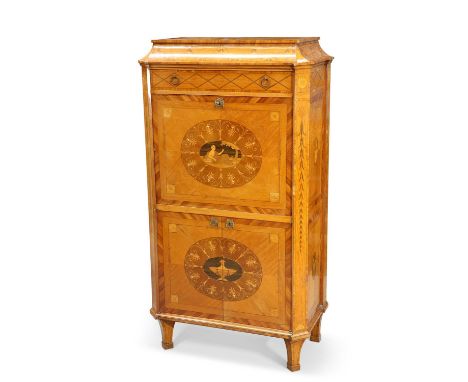 AFTER THE DESIGN BY THOMAS CHIPPENDALE, A SATINWOOD AND MARQUETRY SECRÉTAIRE fitted with a long drawer over a fall-front, ope