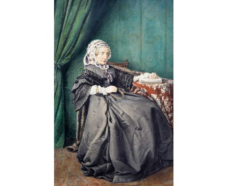 19TH CENTURY ENGLISH SCHOOL PORTRAIT OF MARIE AMELIE QUEEN OF FRANCE (1782-1866) IN EXILE Watercolour housed in a leather bou