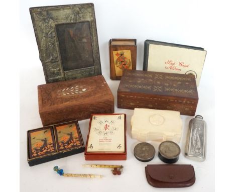 MIXED LOT OF COLLECTABLES
comprising a walnut card box modelled as a book, a pack of playing cards, a pack of Mah-Jongg cards