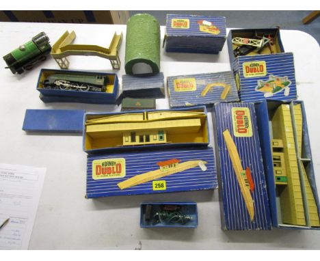 A Hornby Dublo railway train set, mainly boxed with the Mallard 60022 engine and accessories, along with a Hornby Meccano tin