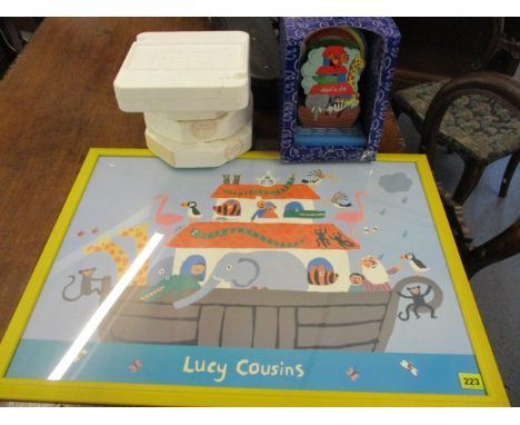 A Lucy Cousins Noah's Ark print, 19 1/2 x 27, glazed and framed, a boxed Noah's Ark musical box, three Franklin Mint Noah's A