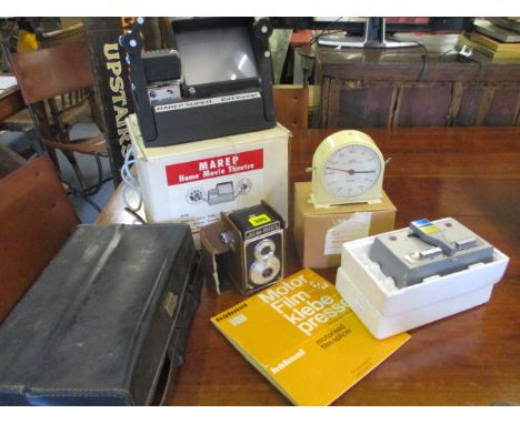 Photograph equipment to include a Holina - Perfect camera, together with an enamelled Smiths mantle clock