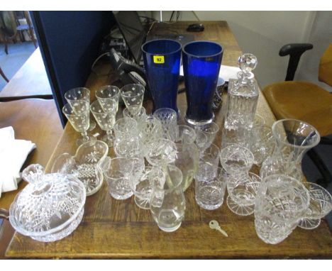 A pair of Dartington crystal blue glass vases, mixed cut glass to include a decanter, together with a painted Swedish SEA vas