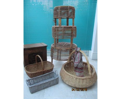 A set of three graduating bamboo tables, a 1930s oak coal bucket and three baskets, with a vintage ladies silk scarf