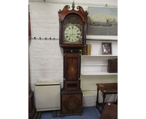 A late 18th century string inlaid, mahogany veneered, oak longcase clock having a swan neck pediment over a rectangular door 