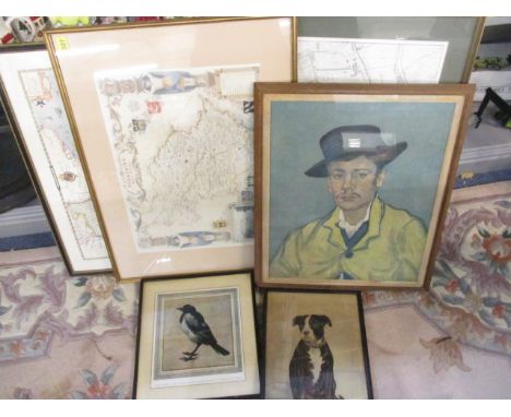 A mixed lot to include pictures, prints, maps, ceramics and glassware comprising plates, bowls and a lamp