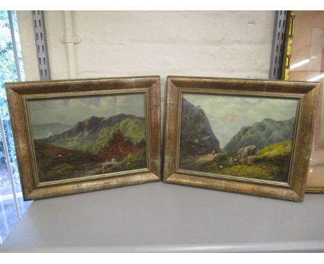 R Marsh - a pair of mountainous landscapes, one with a river, the other with a figure on a path, oil on canvas, one signed, 9