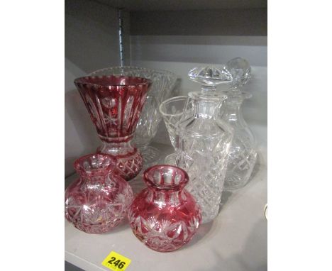 Mixed cut glassware to include a Bohemian ruby vase and a Tudor decanter