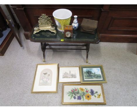 A mixed lot to include a modern Delft vase, a brass inkstand, a jardiniere, four pictures, a gas mask, a miners lamp and a gl