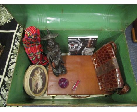 A mixed lot to include a 1930s oriental root wood carved oriental figure, a games set in a suitcase, two coloured pottery P.I