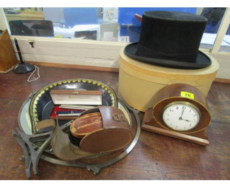 A BTG mahogany cased, early 20th century mantle clock, a Christy's London top hat, boxed, a Victorian Tole ware crumb tray, P