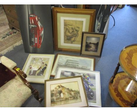 Pictures to include W R - a pair of portraits of two girls, watercolours, initialled 9 x 7, in glazed, gilt frames, motoring 