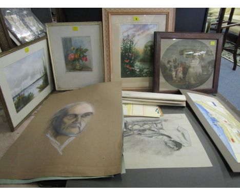 A group of watercolours, a 1970s design students folio of drawings, a gilt frame, a print, a Dennis Marley - Estuary scene wi