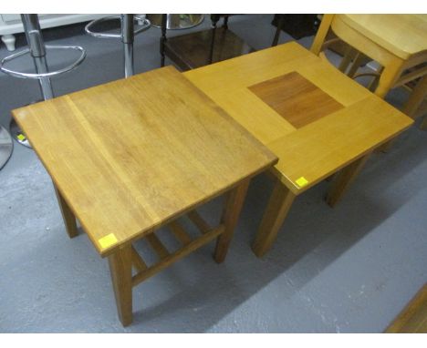 Two modern light oak, square topped occasional tables