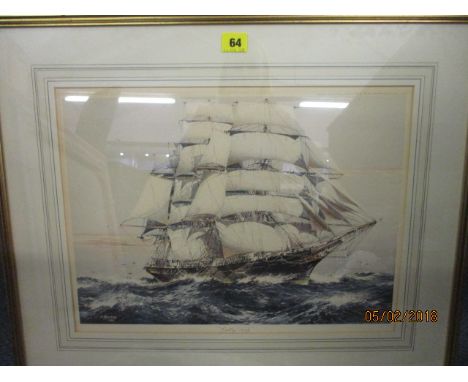A print depicting a boat at sea entitled 'Cutty Sark'