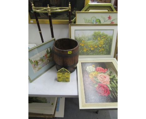 A mixed lot to include an oak barrel, a modern mahogany and brass stick stand, a gilt framed mirror, pictures, a tapestry and