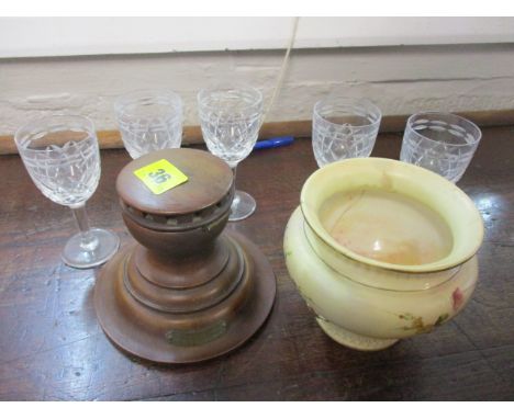 A mixed lot to include an inkwell made from HMS Britannia, five Stuart glasses and a Worcester pot A/F