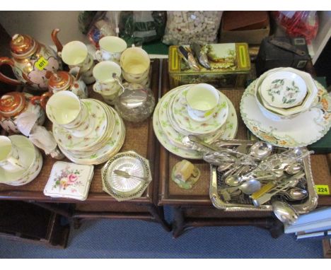 An Edwardian tea service, a vintage tin, a Japanese three piece part tea service, mixed dressing table dishes to include Wedg