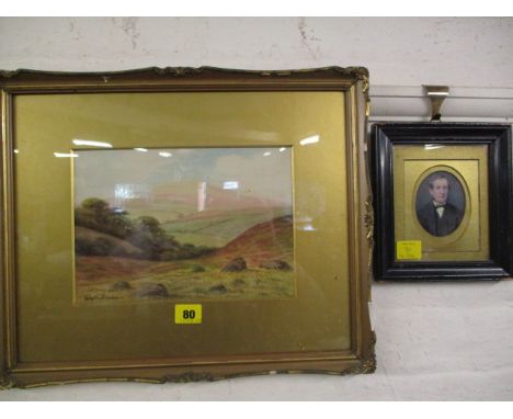 George Oyston - A hilly landscape watercolour - 7h x 10w, mounted in a gilt frame together with a small portrait of a gentlem