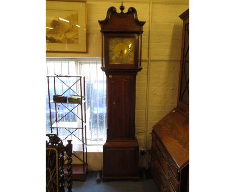 Henry Deakin, George II oak longcase clock, the hood having a swan neck pediment over turned pillars, arched top door and box