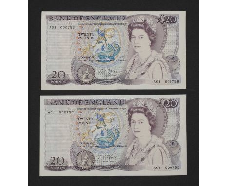 Notes, Great Britain, Elizabeth II (1952-2022), Twenty Pounds, 1970, serial numbers A01 000755 &amp; A01 000756, John S Fford