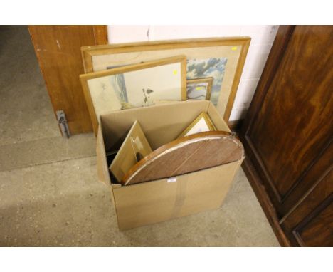 A box containing a mahogany oval mirror; two prints depicting Parham Hall; a watercolour study by G F Ryland; a pencil signed