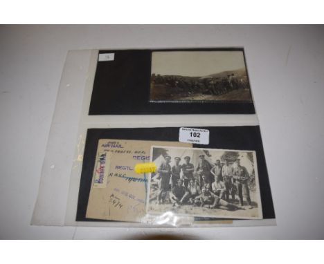 War related items including post-card of gun carriage being righted, (With writer marks on photo) POW etc. (5)