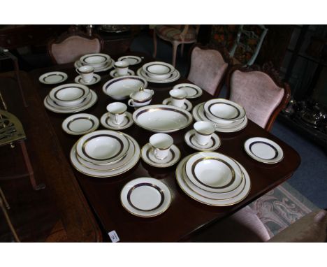 A ROYAL DOULTON 'HARLOW' PATTERN PART DINNER SERVICE with six dinner plates, six dessert plates, six soup bowls, cups and sau