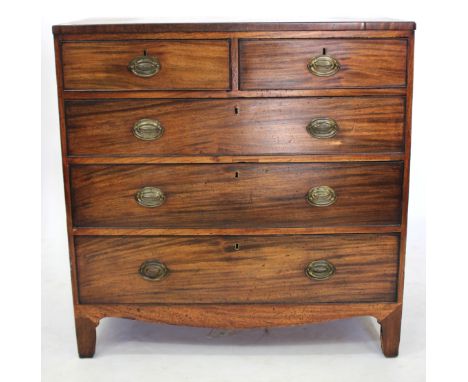 A 19TH CENTURY MAHOGANY CHEST of two short and three long drawers standing on bracket feet 92cm wide x 93.5cm high 