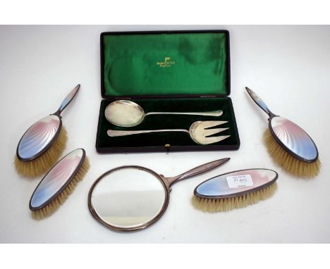 AN ART DECO ENAMELLED SILVER DRESSING TABLE SET with blue, pink and cream enamel, with marks for Birmingham 1937, to include 