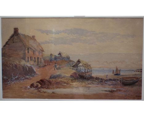 A 19TH CENTURY COASTAL SCENE with a thatched house and boats 27cm x 47cm D. Arbus, Canterbury Cathedral, watercolour 51cm x 3