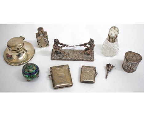 A GROUP OF NINE SILVER AND OTHER ITEMS consisting of two vesta cases, a capstan inkwell, a pill box, coloured enamel box etc 