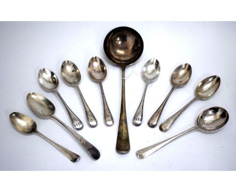 SIX EARLY 20TH CENTURY SHEFFIELD SILVER DESSERT SPOONS, a silver ladle with marks for Sheffield 1952, two Georgian spoons and