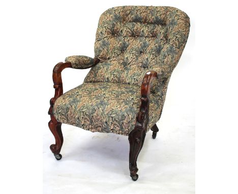 A VICTORIAN BUTTON UPHOLSTERED OPEN ARMCHAIR with scrolling cabriole legs 63cm wide 
