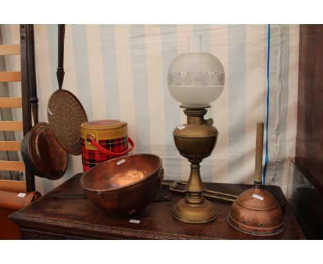 AN OLD BRASS OIL LAMP together with a pair of fire tongs and further metalware 