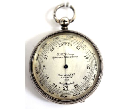A VICTORIAN SILVER CASED POCKET BAROMETER the silvered dial signed D.W. Dixey, Optician to The Queen, New Bond Street, London