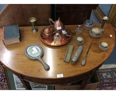 MISCELLANEOUS ITEMS to include a silver dressing table set, an Art Nouveau style copper teaset, Mrs Beetons book of Household