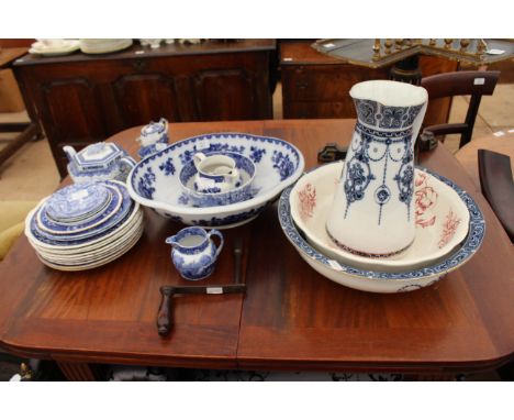 A QUANTITY OF BLUE AND WHITE CERAMICS to include a wash basin, a Copeland teapot in chinoiserie style, a small Meissen twin s