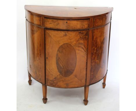 AN EDWARDIAN DEMI-LUNE MAHOGANY AND SATINWOOD SIDE CABINET the top with rosewood banding and segmental radiating veneers abov