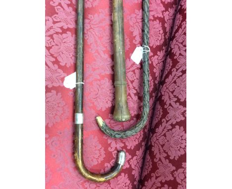 AN ANTIQUE WOODEN WALKING STICK together with a silver mounted walking stick and a further walking stick (3)