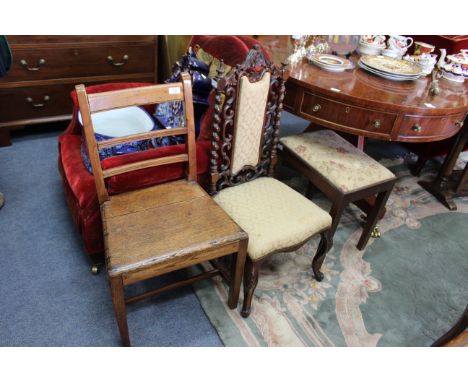 A VICTORIAN ROSEWOOD LOW OCCASIONAL CHAIR with barley twist support to the back and cabriole front together with an old side 