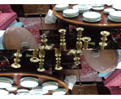 A COLLECTION OF METAL WARE to include a set of three 19th century brass candlesticks, each stamped 'The Queen of Diamonds' to