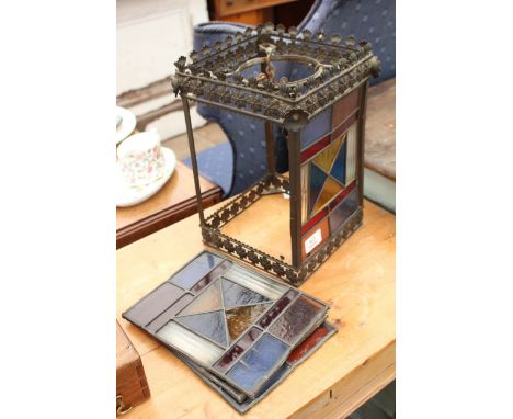 A VICTORIAN BRASS AND LEADED GLASS HALL LANTERN of square section 30cm high (AF)