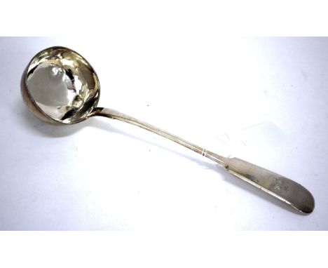 A LATE 19TH CENTURY RUSSIAN SILVER FIDDLE PATTERN SOUP LADLE, marked 1874 and makers mark SF, approximately 237 grams in weig
