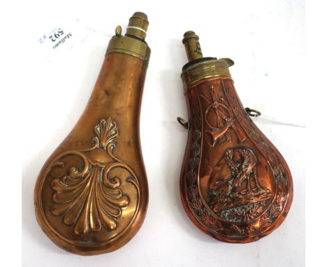 A 19TH CENTURY COPPER AND BRASS POWDER OR SHOT FLASK with embossed decoration of a stag with hunting horn and gun above and w