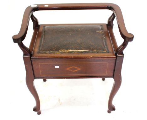 AN EDWARDIAN MAHOGANY PIANO STOOL with satinwood inlay and cabriole legs 46cm wide 