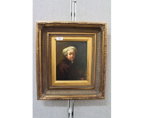 A PORTRAIT OF A GENTLEMAN, AFTER REMBRANDT, signed K Holston, oils on board, 24.5cm x 19cm
